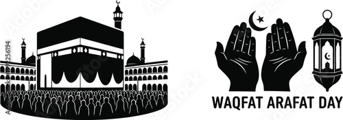 Islamic symbols depicting the kaaba praying hands and a lantern