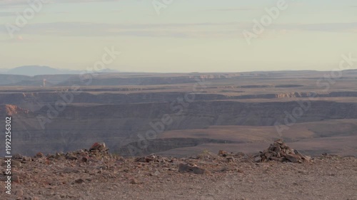 Pan across rugged rocky landscape of Fish River Canyon, Namibia