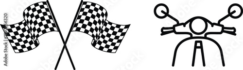 Checkered flags and a scooter illustration in black and white