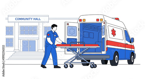 Paramedic with Stretcher Outside Community Hall, Ambulance Ready for Patient Transport