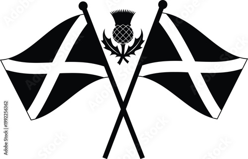 Two flags of scotland crossed with a thistle emblem in between