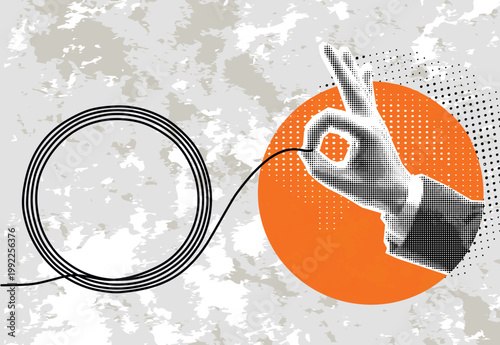 Trendy Halftone Collage Psychologic therapy session concept with  helping hand unravels the tangle of messy thoughts with mental disorder, anxiety and confusion mind or stress.