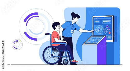 Person in Wheelchair Interacting with Interactive Display with Healthcare Professional