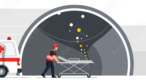 Paramedic with Stretcher, Ambulance, and Tunnel Entrance - Emergency Medical Services