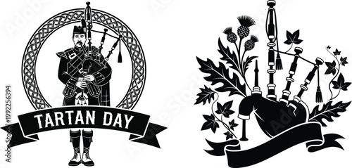 Scottish bagpiper and thistle design celebrating tartan day traditions