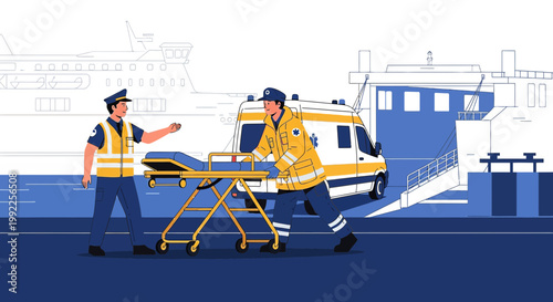 Paramedics and police officer with ambulance and stretcher at ferry terminal, emergency response