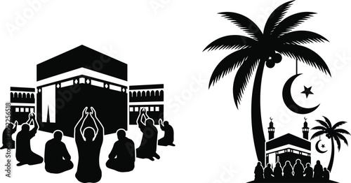 Pilgrims praying towards the kaaba with palm trees and islamic motifs