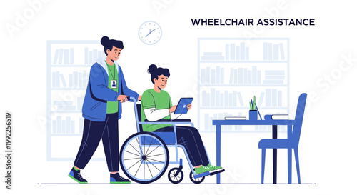 Person pushing wheelchair user with tablet in library, assistance and accessibility concept
