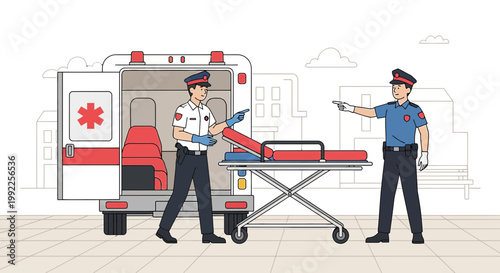 Paramedics and Police Officer with Ambulance and Stretcher at Scene