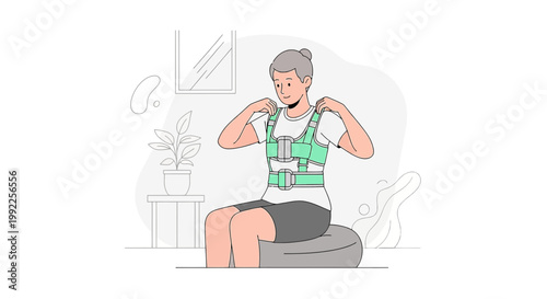 Person wearing a back brace for posture correction and spinal support, sitting on a ball