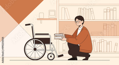 Person with wheelchair picks up books from bookshelf, library setting, accessibility concept