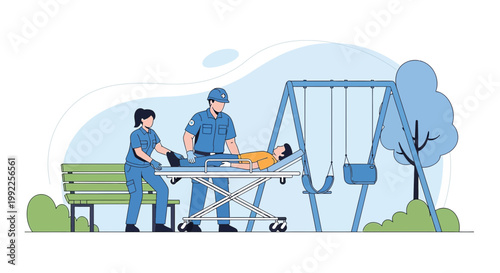 Paramedics assist injured child on stretcher near playground swing set