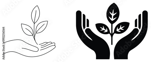 Plant icons in hands set featuring seedlings, ecology and fertility symbols, growth care elements, nurturing environment graphics