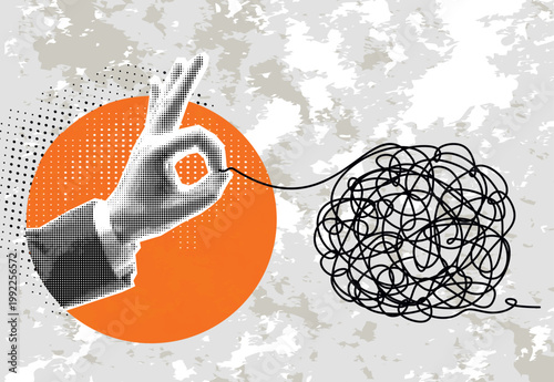 Trendy Halftone Collage Psychologic therapy session concept with  helping hand unravels the tangle of messy thoughts with mental disorder, anxiety and confusion mind or stress.