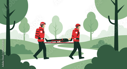 Paramedics carry injured person on stretcher through park, rescue mission