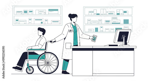 Pharmacist assists patient in wheelchair at counter, modern pharmacy interior, medical care concept