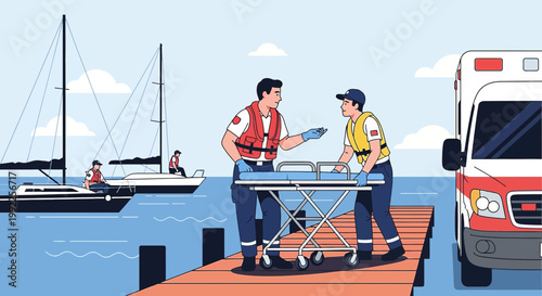 Paramedics prepare patient transport on dock with ambulance and sailboats