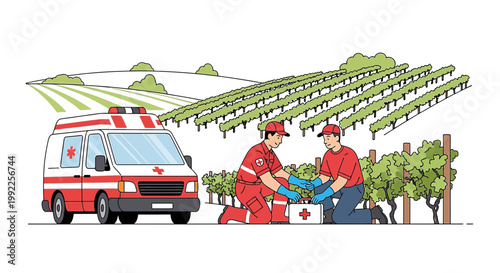 Paramedics provide first aid in vineyard with ambulance nearby
