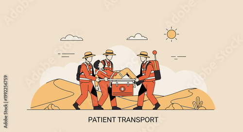 Paramedics Rescue Patient in Desert Landscape with Medical Bag and Stretcher