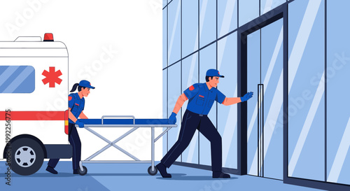 Paramedics rush patient on stretcher from ambulance into modern building for medical care