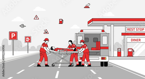 Paramedics Transport Patient from Ambulance to Rest Stop Diner