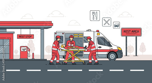 Paramedics Transport Patient from Rest Stop to Ambulance