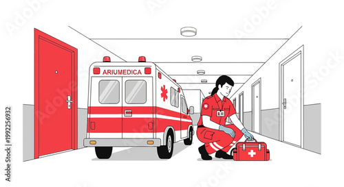 Paramedic with First Aid Kit in Hallway Next to Ambulance