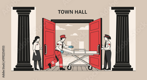 Paramedics Transport Patient Into Town Hall Building