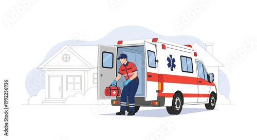 Paramedic with First Aid Kit Exits Ambulance Near House, Emergency Medical Service