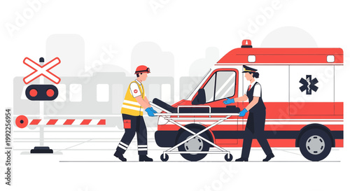 Paramedics Transport Patient on Stretcher Near Ambulance and Railroad Crossing