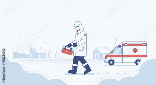 Paramedic with First Aid Kit in Snowy Village with Ambulance