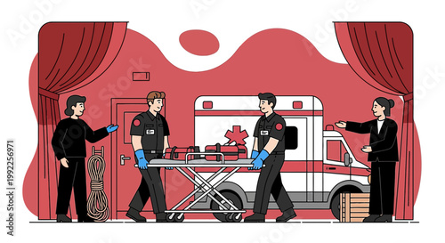 Paramedics Transport Patient On Stretcher Near Ambulance, Emergency Medical Services