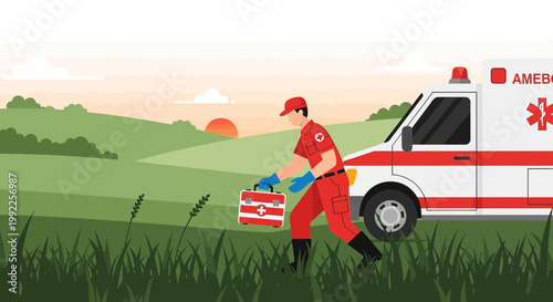 Paramedic with First Aid Kit Running Towards Ambulance in Rural Landscape at Sunset