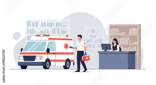 Paramedic with Medical Bag Arrives at Clinic with Ambulance and Receptionist
