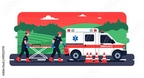 Paramedics Transport Patient with Stretcher Near Ambulance and Traffic Cones on Road