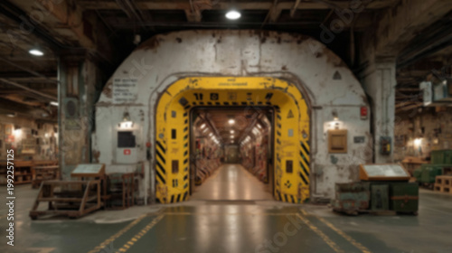 Defocused background of an old underground military bunker entrance. Post apocalyptic survival and fallout shelter concept with copy space