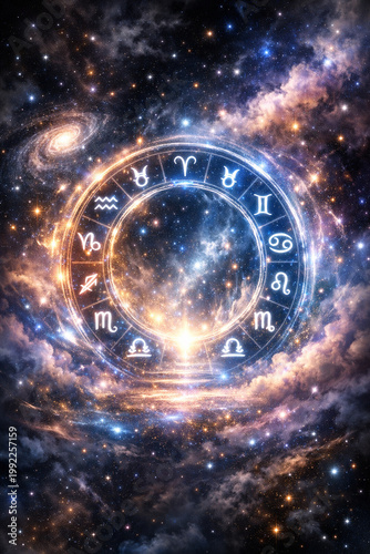 Celestial Zodiac Wheel: A captivating visual showcases the astrological zodiac wheel with each sign elegantly inscribed, set against the backdrop of a vibrant, cosmic nebula.