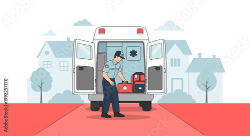 Paramedic with Medical Bag by Ambulance, Emergency Medical Services, Healthcare Concept