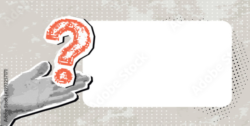 Trendy Halftone Collage  hand holding question mark with a frame for your text. FAQ sign. Question answer sign. Problem and solution concept