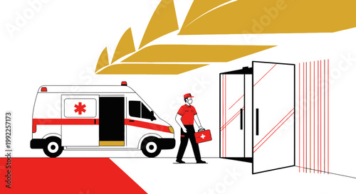 Paramedic with Medical Bag Enters Hospital Entrance Next to Ambulance