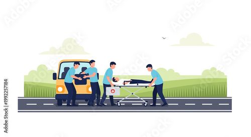 Paramedics Transporting Injured Person on Stretcher to Ambulance