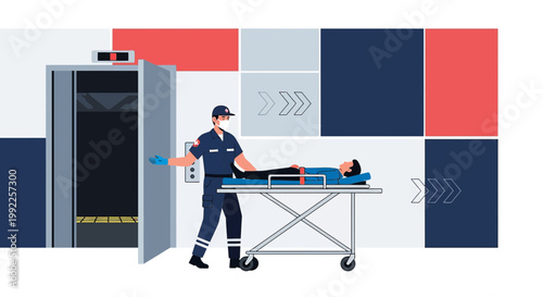 Paramedic with Patient on Stretcher Enters Elevator for Transport