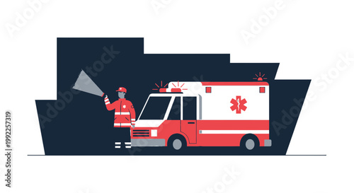 Paramedic with Spotlight and Ambulance in Dark Urban Setting