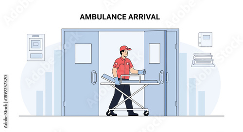 Paramedic with Stretcher Enters Hospital Doors for Ambulance Arrival
