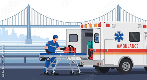 Paramedic with Stretcher by Ambulance, City Bridge Background