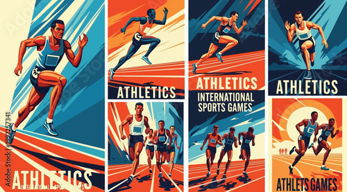 Set of athletics sports posters featuring runners on track in dynamic retro style