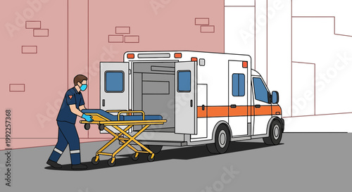 Paramedic with Stretcher and Ambulance in Urban Setting