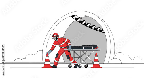 Paramedic with Stretcher and Cones at Tunnel Entrance - Emergency Medical Services