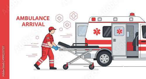 Paramedic with Stretcher Arriving at Emergency Scene with Ambulance