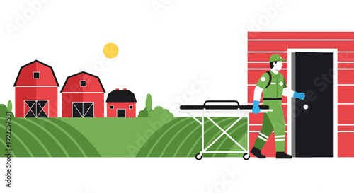 Paramedic with Stretcher Arriving at Farm Barn for Emergency Response